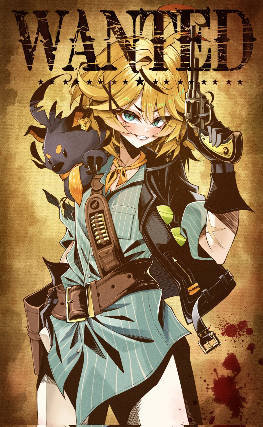 1girl, animal, aqua_eyes, aqua_shirt, belt, black_jacket, blonde_hair, blood, blood_splatter, brown_belt, cowboy_shot, doki_amber_doge_(dokibird), dokibird_(vtuber), dokibird_(vtuber)_(bounty_hunter), english_commentary, gun, hair_ornament, hairclip, highres, holding, holding_weapon, holster, indie_virtual_youtuber, jacket, medium_hair, neckerchief, open_clothes, open_jacket, orange_neckerchief, pants, revolver, shirt, smile, solo, striped_clothes, striped_shirt, thigh_holster, vertical-striped_clothes, vertical-striped_shirt, virtual_youtuber, wanted_poster, weapon, white_pants, x.u.a.n
