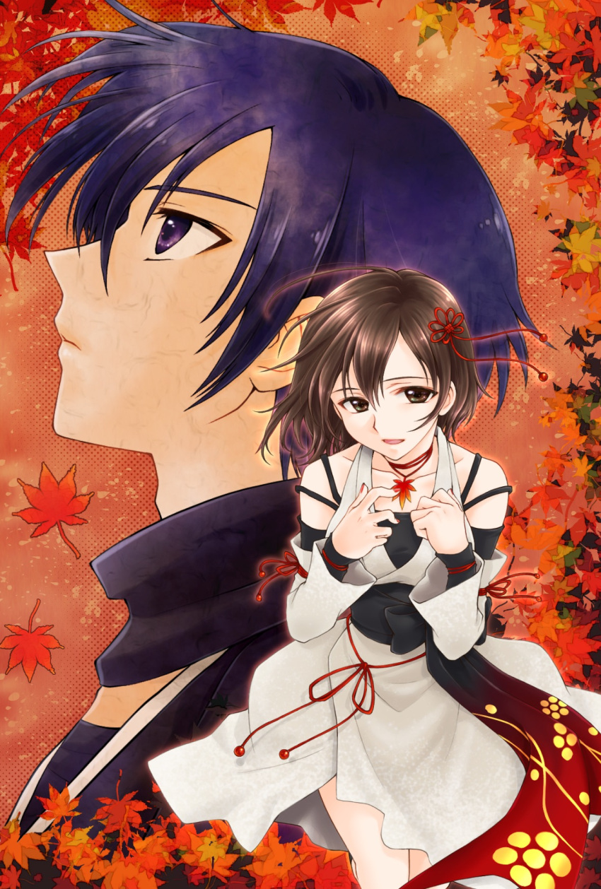 1boy, 1girl, aizen_(syoshiyuki), autumn_leaves, black_scarf, blue_hair, brown_eyes, brown_hair, commentary_request, dress, drizzle_(module), falling_leaves, floating_clothes, floating_hair, highres, japanese_clothes, jewelry, kaito_(vocaloid), leaf, looking_at_viewer, looking_up, maple_leaf, meiko_(vocaloid), momiji_(module), necklace, open_mouth, orange_nails, project_diva_(series), scarf, seiza, short_hair, sitting, smile, tsugai_kogarashi_(vocaloid), violet_eyes, vocaloid