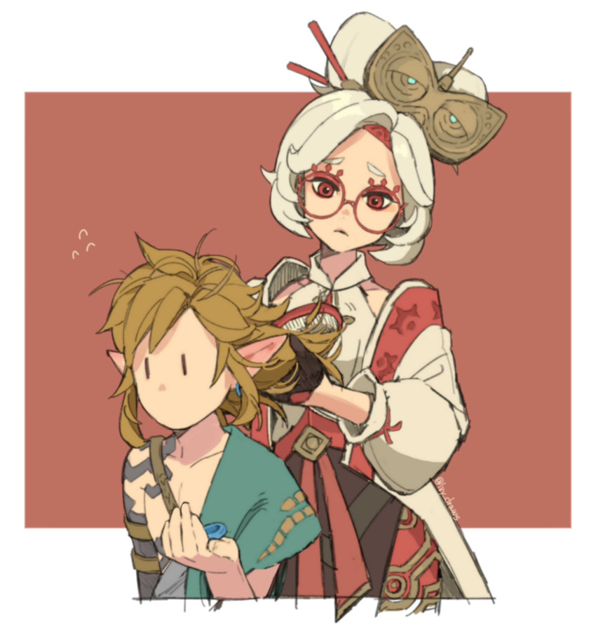 1boy, 1girl, adjusting_hair, black_gloves, blonde_hair, brushing_another's_hair, brushing_hair, earrings