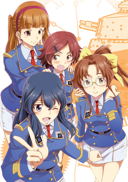 4girls, blue_eyes, blue_hair, blue_jacket, blush, brown_eyes, brown_hair, clock