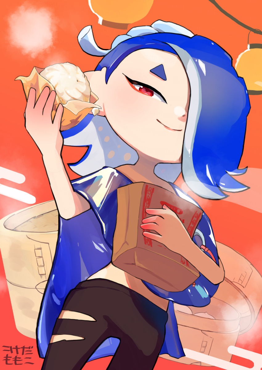 105custom, bag, baozi, blue_shawl, earrings, food, highres, holding