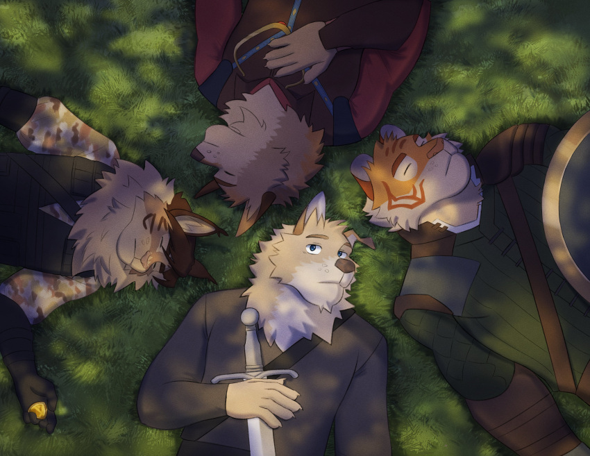 4boys, absurdres, animal_ears, black_gloves, blue_eyes, bulletproof_vest, camouflage, camouflage_shirt, cat_boy, cat_ears, cedric_(icoe), circlet, claws, closed_eyes, dog_boy, dog_ears, furry, furry_male, gloves, highres, holding, holding_rock, holding_shield, holding_sword, holding_weapon, in_case_of_emergency_(visual_novel), kieran_(icoe), looking_at_viewer, looking_up, luke_(icoe), lying, male_focus, multiple_boys, on_back, on_grass, profile, rock, scabbard, sheath, shield, shirt, sword, tiger_boy, tiger_ears, tiger_stripes, weapon, wes_(icoe), zaibatszu