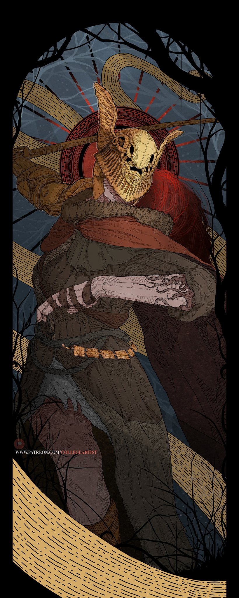 1girl, amputee, armor, cape, collegeartist1, covered_eyes, elden_ring, english_commentary