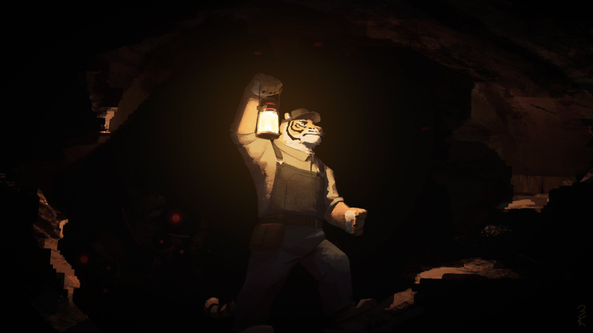 1boy, 88883_(the_smoke_room), absurdres, animal_ears, blue_hat, blue_overalls, brown_shirt, cave