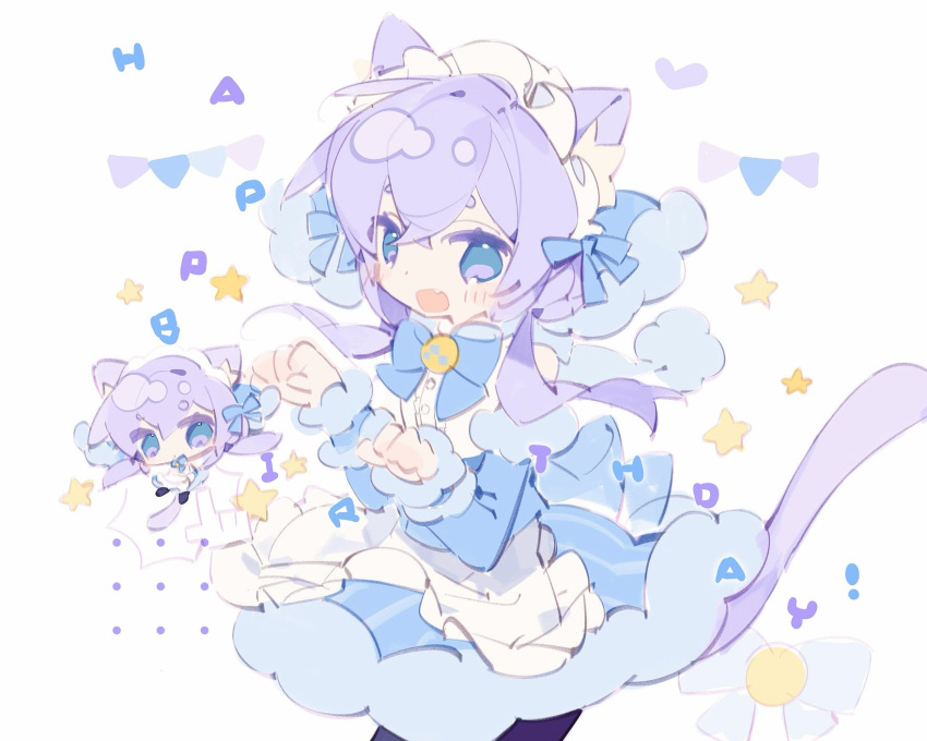 1girl, blue_bow, blue_eyes, blush, bow, dress, flag, happy_birthday