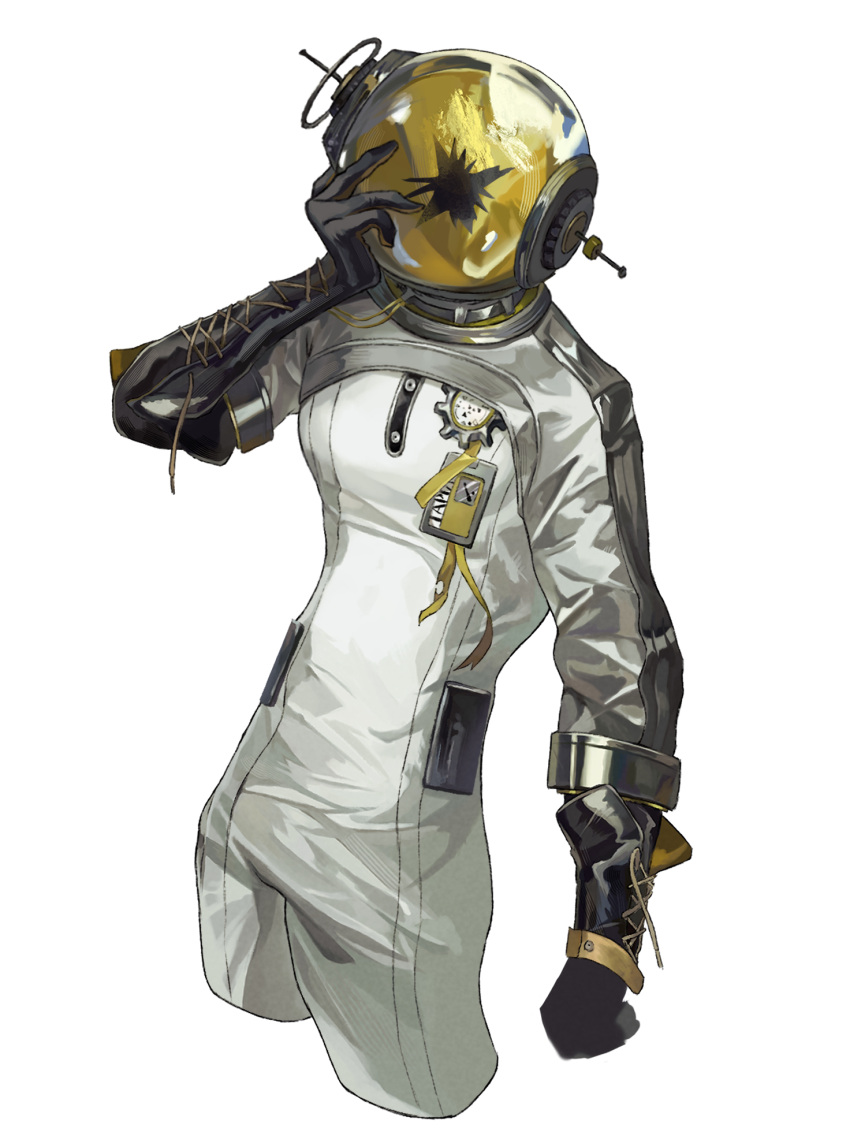 1boy, black_gloves, cowboy_shot, cropped_legs, ferrofluid, gloves, grey_sleeves, hand_on_own_head