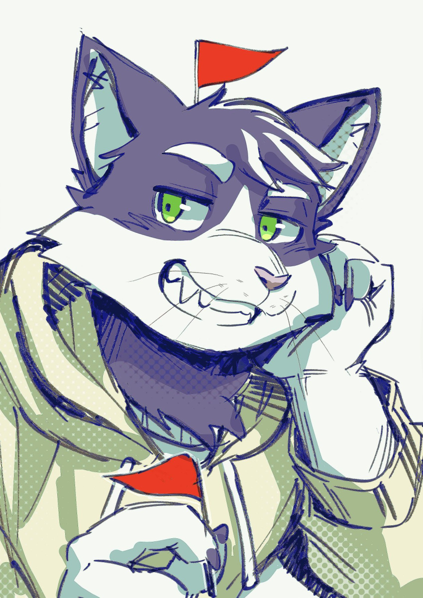 1boy, animal_ears, cat_boy, cat_ears, claws, crimsonrabbit_(crimsonann), english_commentary, fangs, flag, furry, furry_male, green_eyes, green_hoodie, head_on_hand, highres, holding, holding_flag, hood, hood_down, hoodie, inktober, jayce_(socially_awkward), male_focus, red_flag, smile, socially_awkward, whiskers, white_background