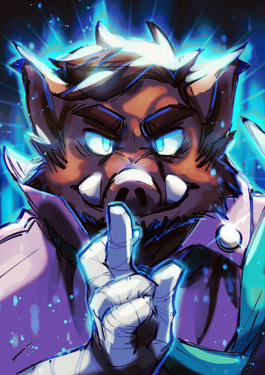 1boy, absurdres, animal_ears, aura, bandaged_hand, bandages, black_background, blue_aura, blue_eyes, blue_necktie, boar_boy, boar_ears, brown_hair, crimsonrabbit_(crimsonann), crossed_fingers, diffraction_spikes, english_commentary, furry, furry_male, glowing, glowing_eyes, highres, inktober, looking_at_viewer, male_focus, morris_(wtdl), necktie, pink_shirt, popped_collar, shirt, tusks, upper_body, where_the_demon_lurks