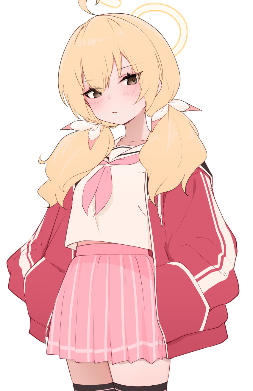 1girl, absurdres, ahoge, black_thighhighs, blonde_hair, blue_archive, blush, commentary_request