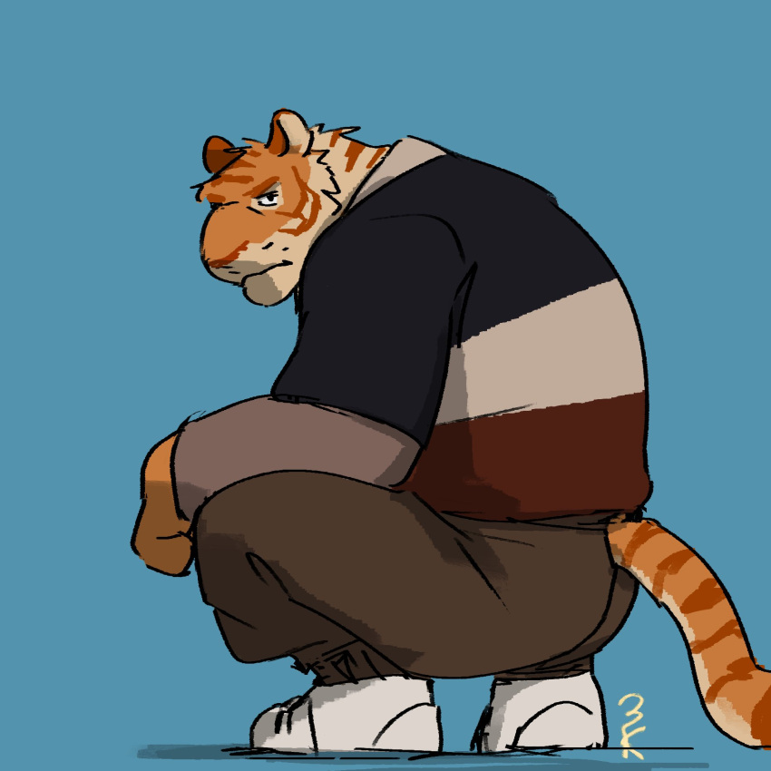1boy, animal_ears, blue_background, brown_pants, english_commentary, furry, furry_male, highres, in_case_of_emergency_(visual_novel), looking_at_viewer, male_focus, pants, pucupaka, signature, squatting, sweater, tail, tiger_boy, tiger_ears, tiger_stripes, tiger_tail, wes_(icoe), white_footwear