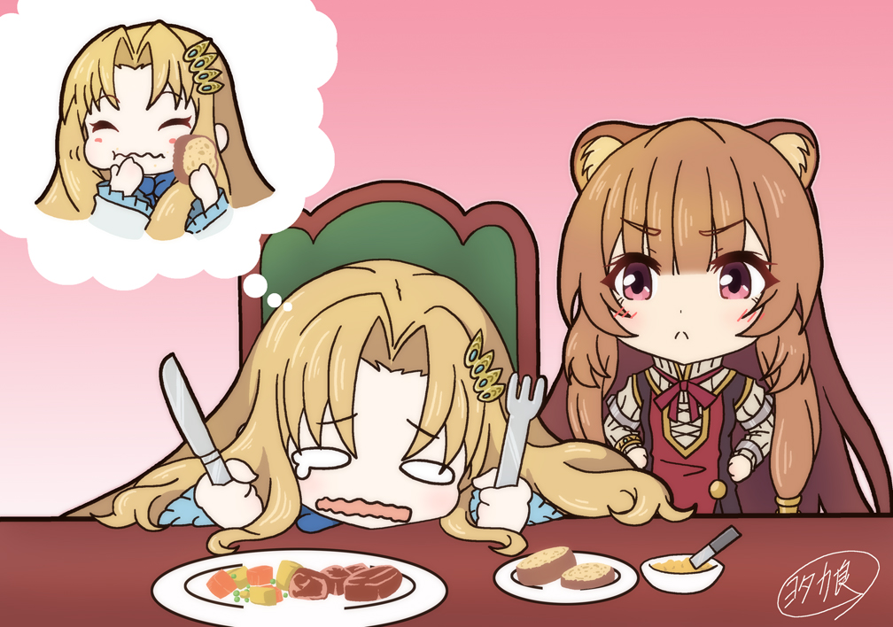 2girls, animal_ears, arm_cuffs, black_dress, blonde_hair, blue_bow, blue_dress, blunt_bangs