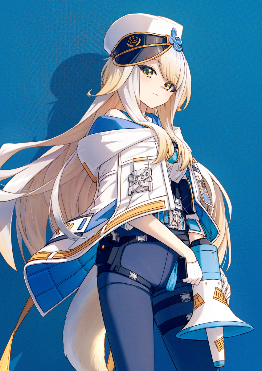 1girl, absurdres, animal_ears, armillarphere_v, blonde_hair, blue_background, blue_pantyhose, blue_shorts