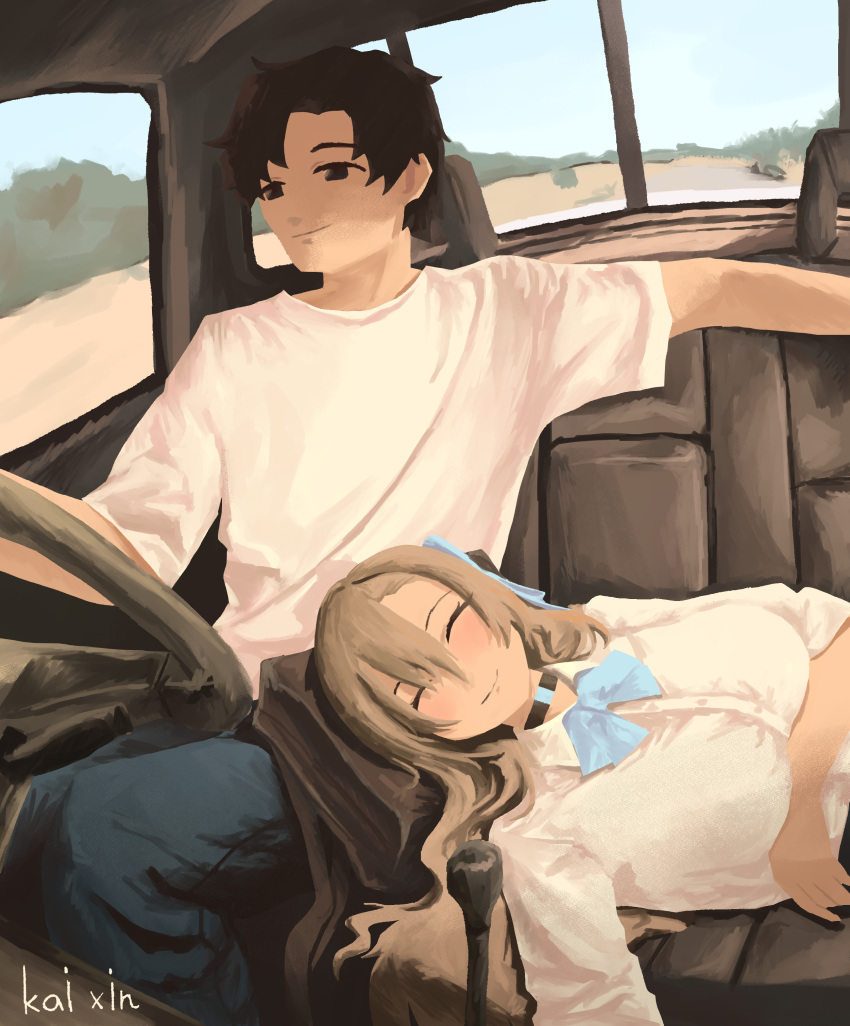 1boy, 1girl, absurdres, asuna_(blue_archive), black_hair, blue_archive, blue_bow, blue_bowtie