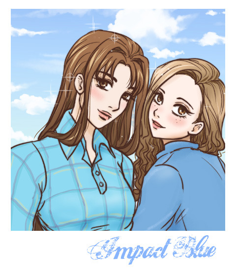 2girls, blue_shirt, blush, breasts, brown_eyes, brown_hair, clouds, collared_shirt