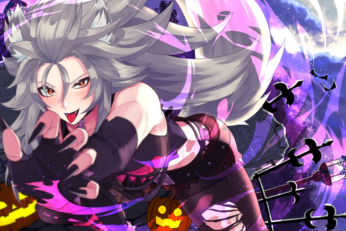 animal_ear_fluff, animal_ears, black_gloves, black_nails, black_shirt, black_shorts, elbow_gloves, fangs