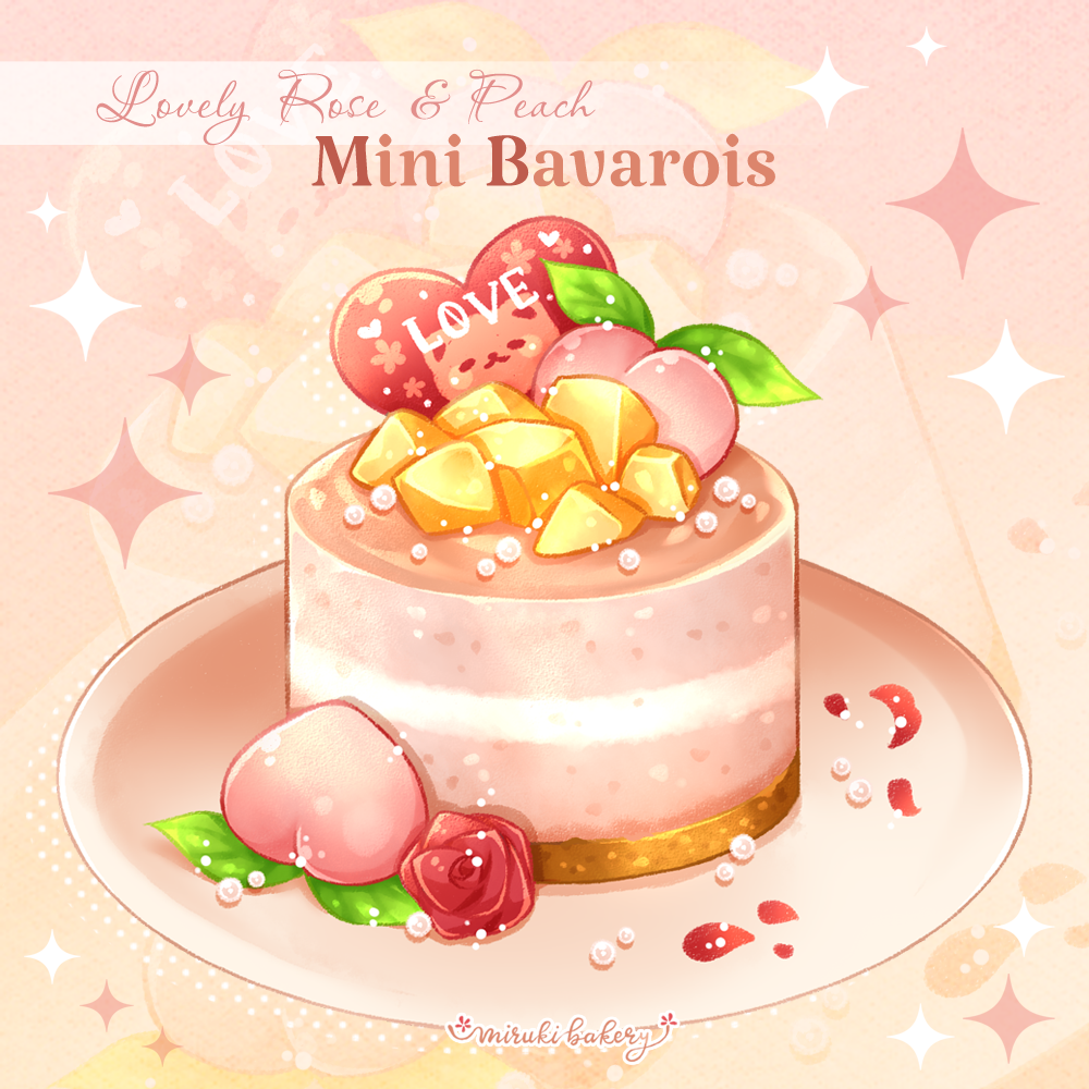 artist_name, bavarois, beads, cake, chocomiruki, english_text, flower, food, food_focus, fruit, gradient_background, heart, no_humans, orange_background, original, peach, peach_slice, petals, pink_background, plate, red_flower, red_rose, rose, rose_petals, sparkle, zoom_layer