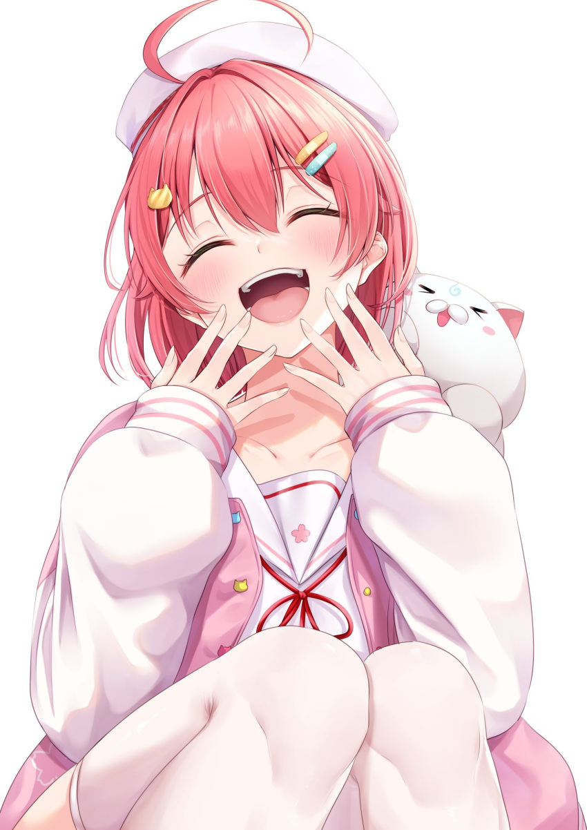 1girl, 35p_(sakura_miko), ^_^, ahoge, bandaid, bandaid_hair_ornament, beret, blush