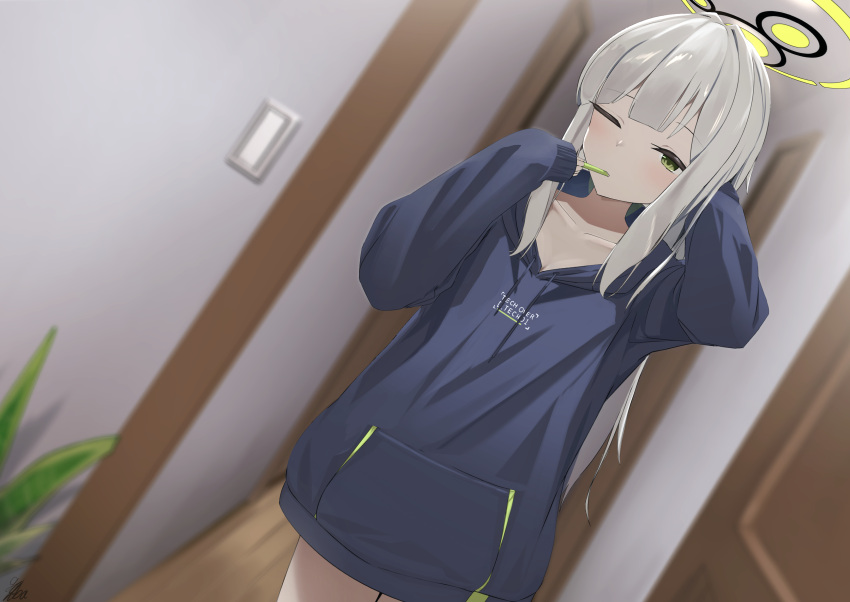 1girl, absurdres, black_hoodie, blue_archive, blurry, blurry_background, blush, collarbone