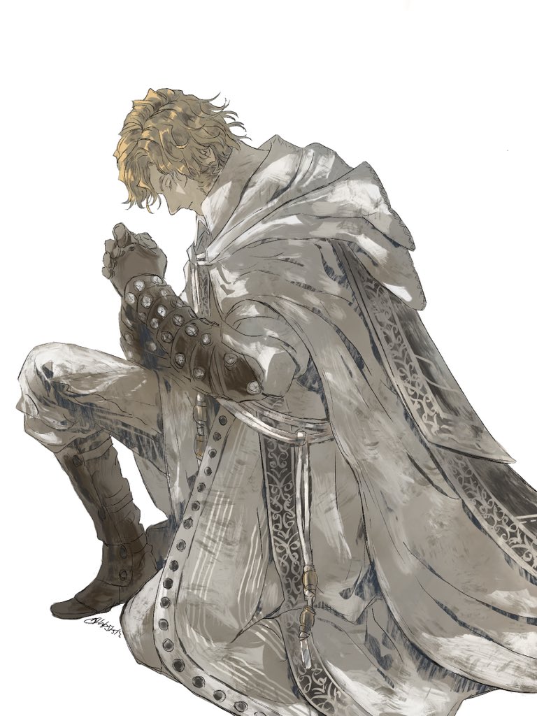 1boy, alfred_(bloodborne), black_footwear, blonde_hair, bloodborne, boots, cape, closed_eyes