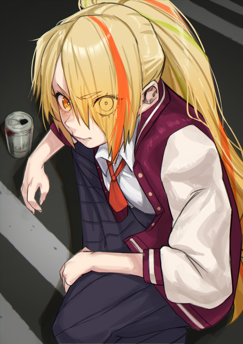 1girl, angry, blonde_hair, blouse, blue_skirt, buttons, can, closed_mouth