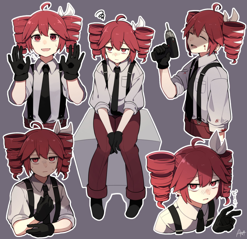 1girl, ahoge, alternate_costume, ambiguous_red_liquid, arm_at_side, black_background, black_footwear, black_gloves
