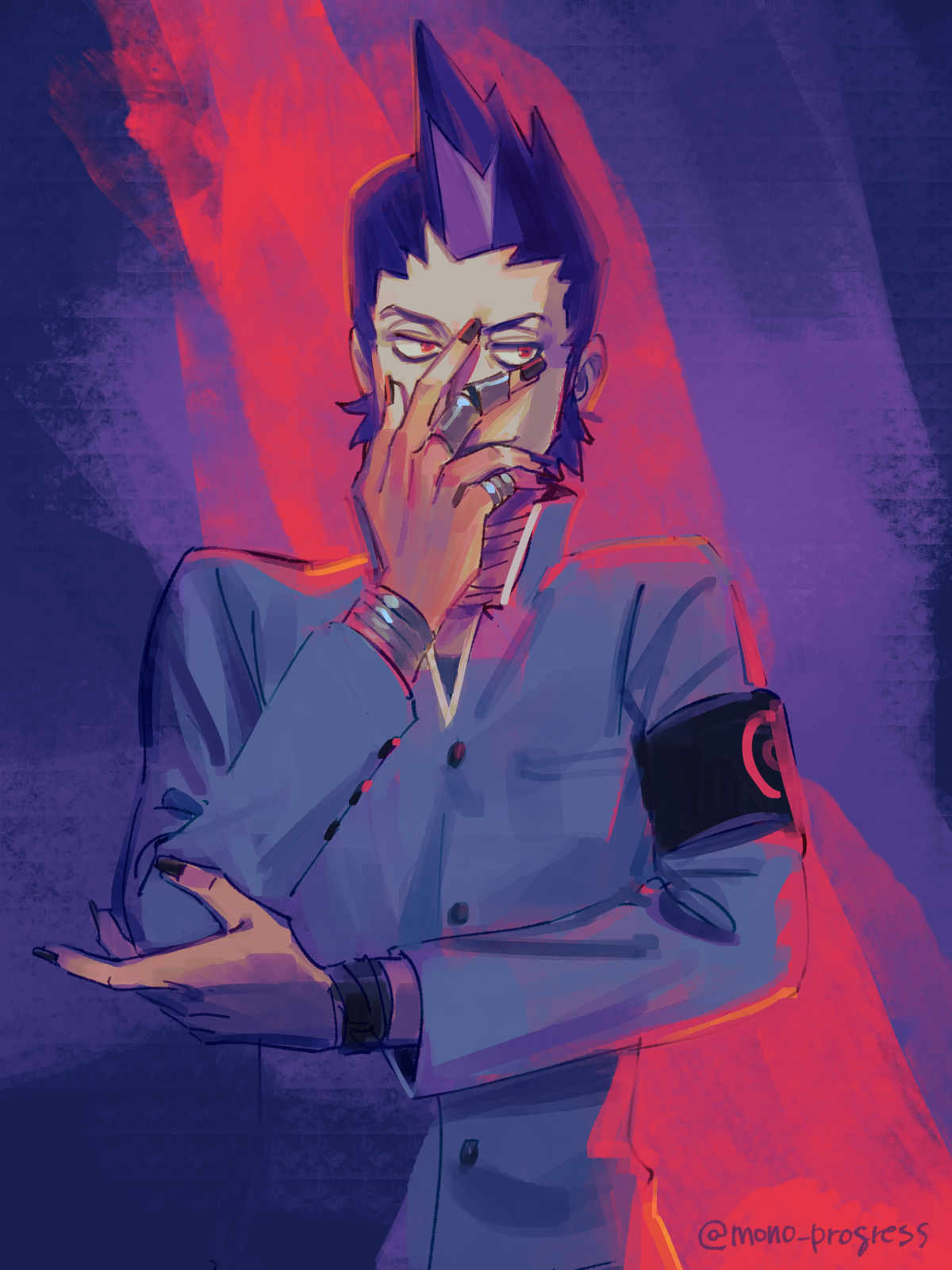 1boy, armband, black_armband, black_nails, blue_hair, blue_jacket, covering_face, eyeliner, gakuran, hand_on_own_elbow, highres, jacket, jewelry, kasugayama_high_school_uniform, looking_to_the_side, makeup, male_focus, mishina_eikichi, mono_progress, multicolored_hair, persona, persona_2, persona_2_tsumi, red_eyes, ring, school_uniform, shirt, silver_bracelet, silver_choker, silver_ring, simple_background, solo, spiky_hair, twitter_username, two-tone_hair, white_shirt