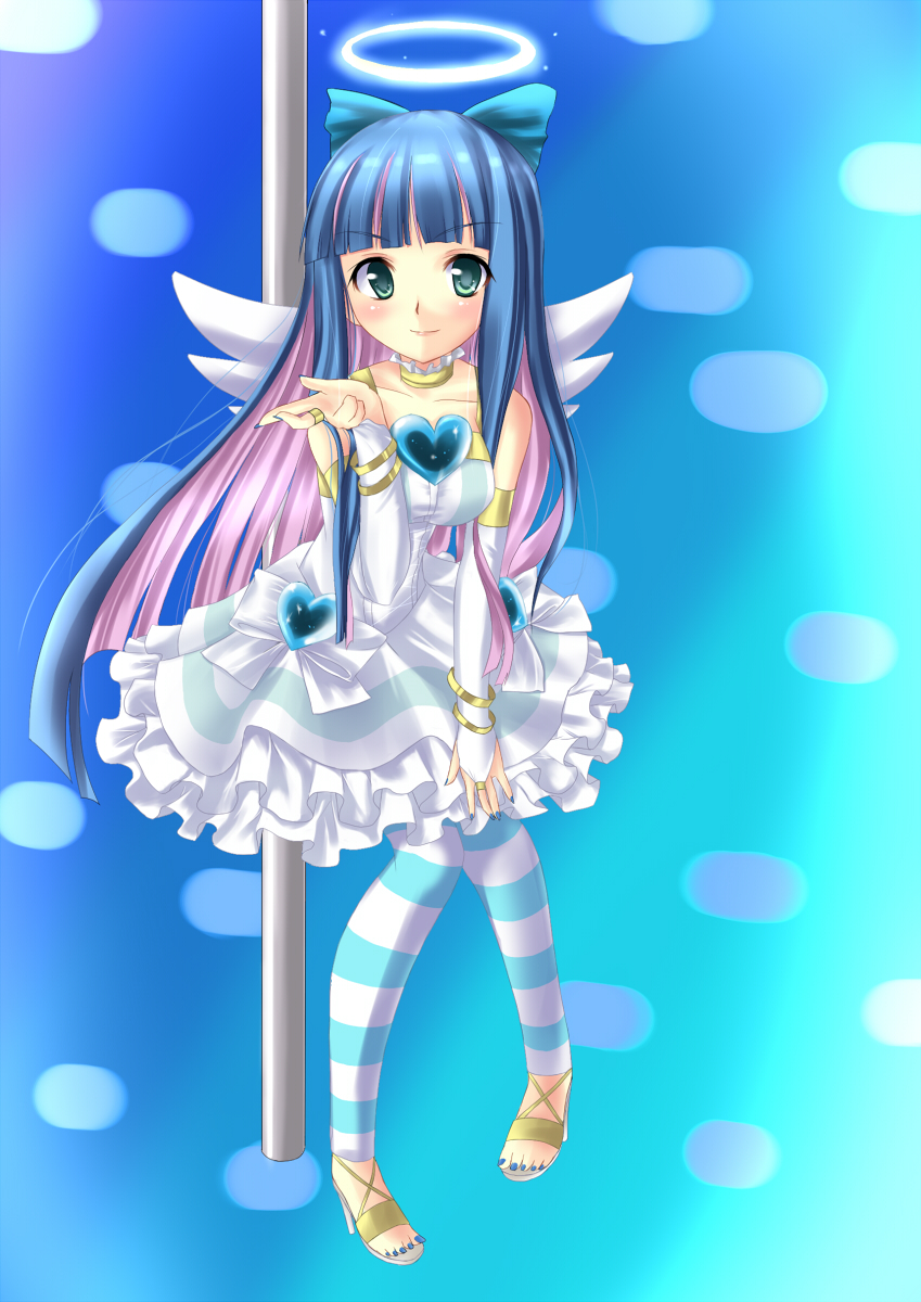 angel_wings, blue_ribbon, bracelet, bridal_gauntlets, green_eyes, hair_ribbon, halo, highres, jewelry, multicolored_hair, panty_&amp;_stocking_with_garterbelt, pole, ribbon, ring, shika, solo, stocking_(character), stocking_(psg), striped, striped_legwear, striped_thighhighs, thigh-highs, thighhighs, two-tone_hair, wings