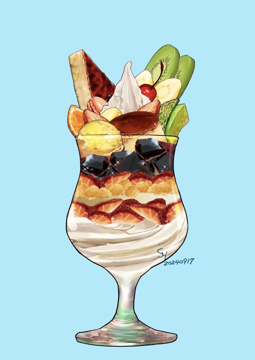 blue_background, cherry, food, food_focus, fruit, highres, ice_cream, kiwi_(fruit)