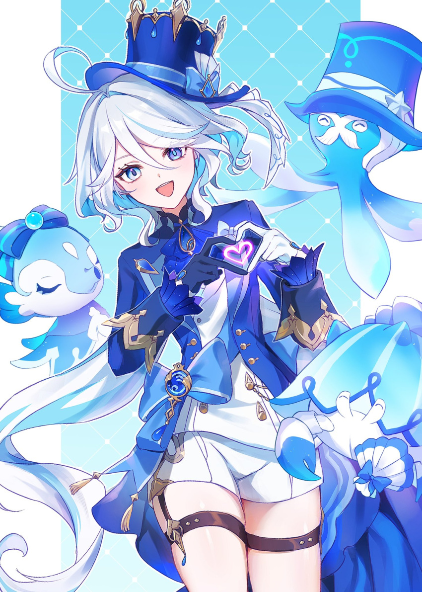 1girl, :d, ahoge, ascot, asymmetrical_gloves, black_gloves, blue_ascot, blue_eyes