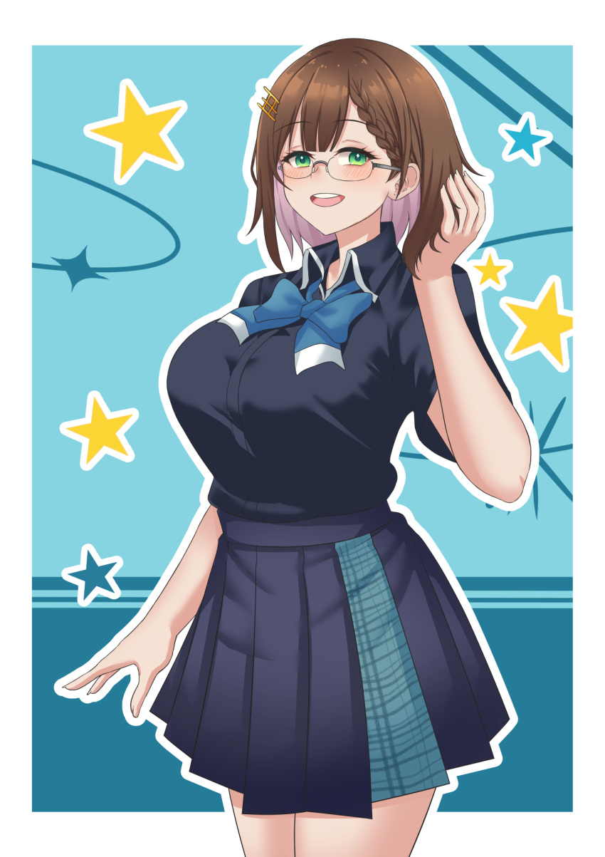 1girl, :d, alternate_hairstyle, blue_background, blue_bow, blue_bowtie, blue_shirt, blue_skirt
