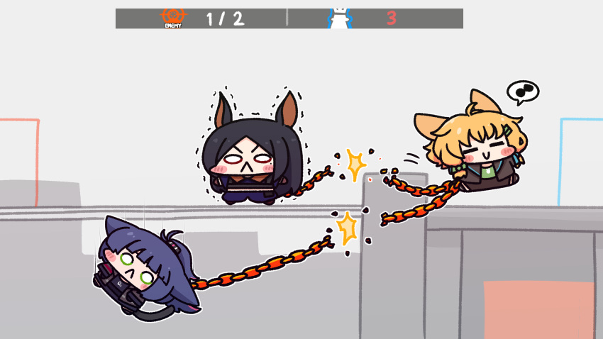 3girls, animal_ears, arknights, black_hair, blonde_hair, blush_stickers, ca-ma, cat_ears, cat_girl, cat_tail, chain, chibi, closed_eyes, dobermann_(arknights), dog_ears, dog_girl, eighth_note, gameplay_mechanics, green_eyes, highres, jacket, jessica_(arknights), kroos_(arknights), long_hair, multiple_girls, musical_note, ponytail, rabbit_ears, rabbit_girl, smile, speech_bubble, spoken_musical_note, tail, trembling