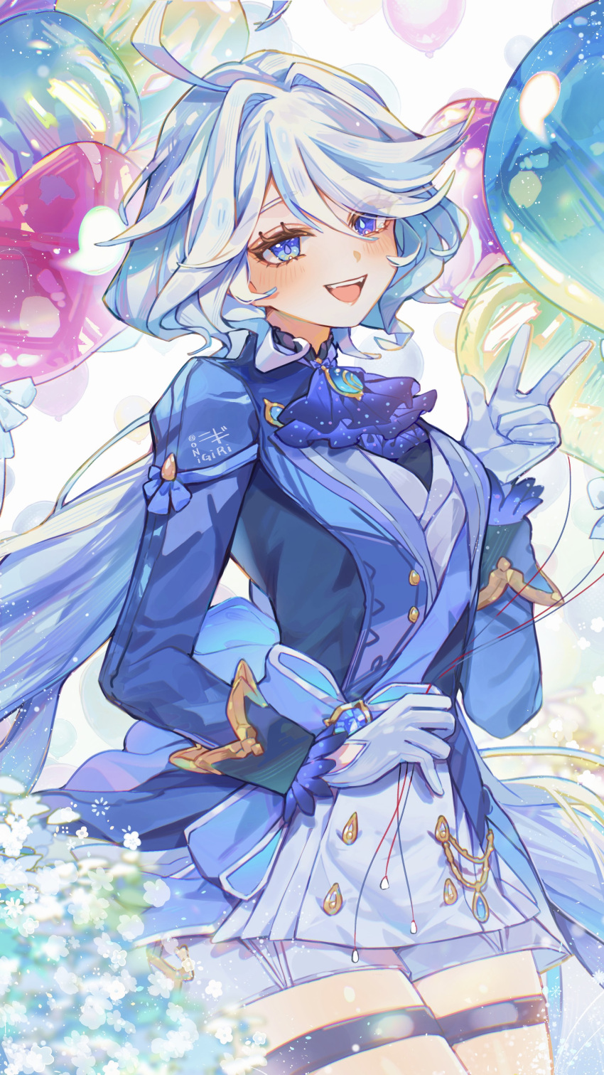 1girl, absurdres, ahoge, ascot, balloon, blue_ascot, blue_eyes, blue_hair