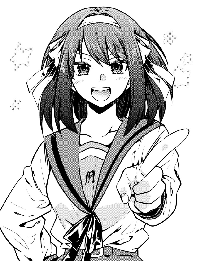 1girl, :d, breasts, commentary, greyscale, hair_between_eyes, hair_ribbon, hand_on_own_hip, highres, ikuhashi_muiko, kita_high_school_uniform, long_sleeves, looking_at_viewer, medium_breasts, medium_hair, monochrome, neck_ribbon, open_mouth, ribbon, sailor_collar, school_emblem, school_uniform, serafuku, shirt, skirt, smile, solo, suzumiya_haruhi, suzumiya_haruhi_no_yuuutsu, swimsuit, teeth, tongue, upper_teeth_only, v, white_background, winter_uniform