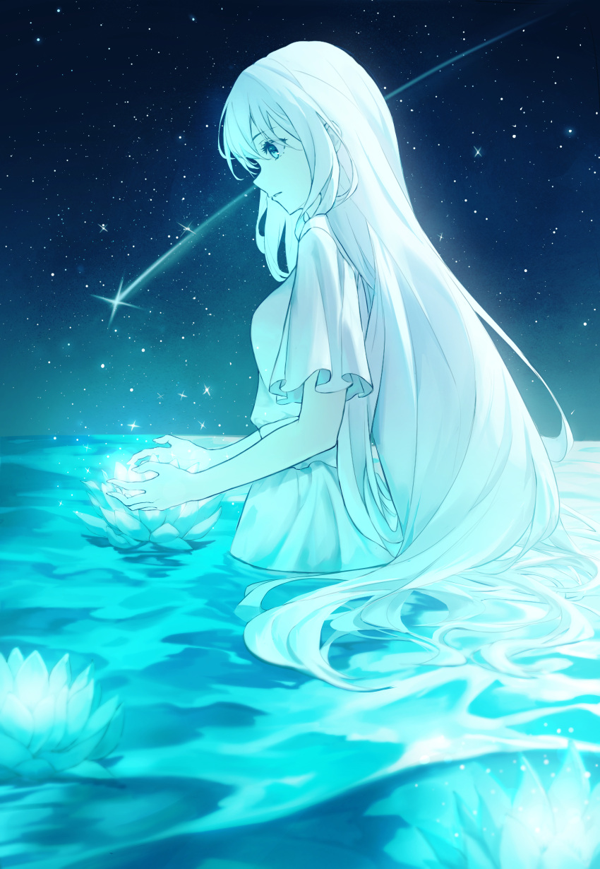 1girl, absurdres, blue_eyes, blue_theme, cowboy_shot, dress, expressionless, eyelashes