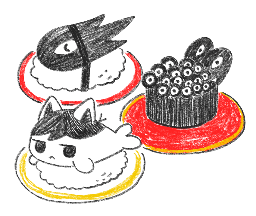 :<, animal_ears, animalization, black_eyes, black_hair, cat_ears, closed_mouth, fish, fish_(food), food, little_one_(omori), no_humans, omori, omori_(omori), rice, roe, sashimi, simple_background, something_(omori), sun_iiinu, white_background