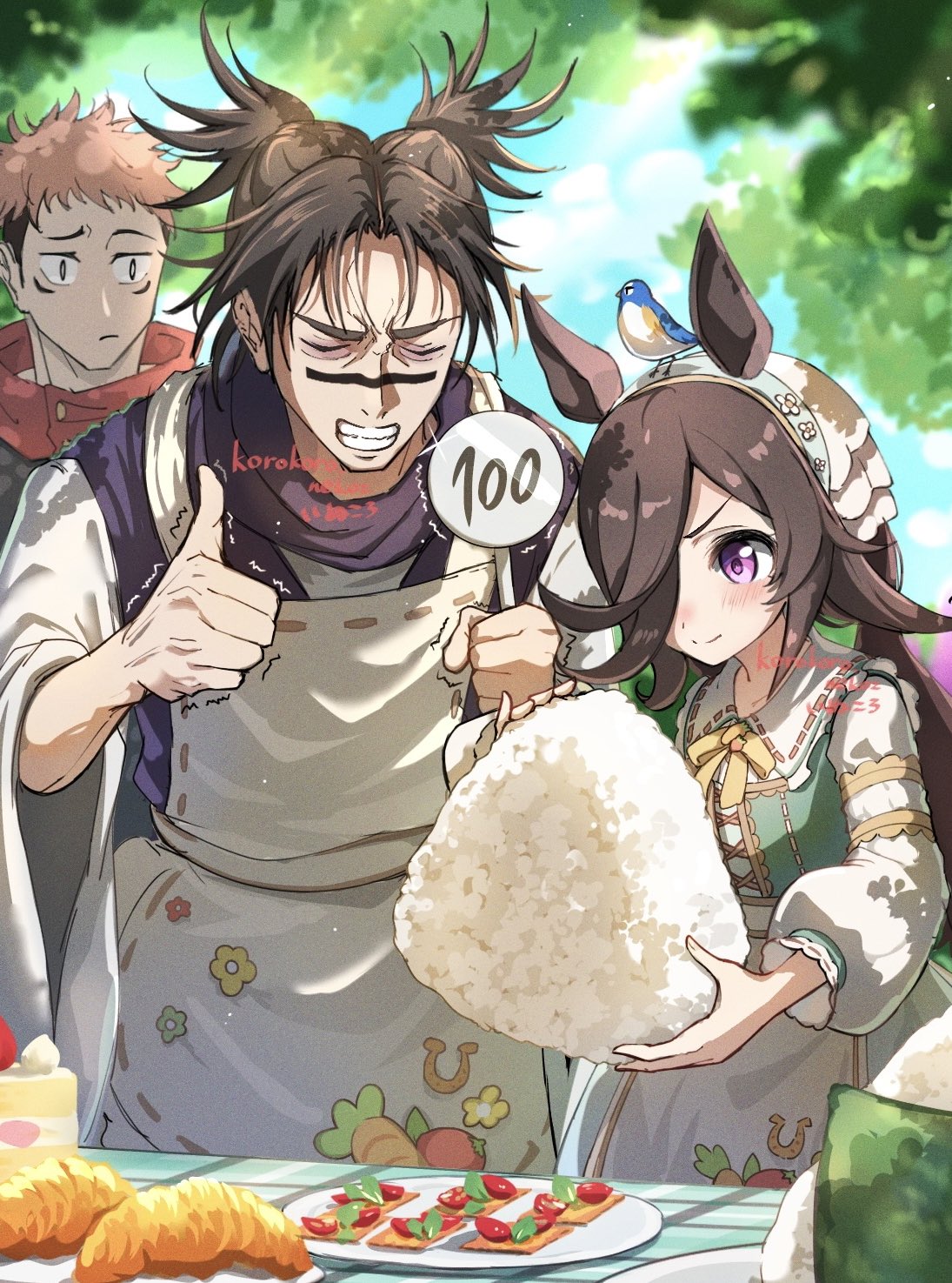 1girl, 2boys, animal_ears, apron, bird, blue_bird, brown_hair, cake, character_request, cherry_tomato, closed_eyes, cracker, croissant, crossover, facial_mark, food, hair_over_one_eye, highres, horse_ears, horse_girl, itadori_yuuji, jujutsu_kaisen, korokoro_nekoz, long_hair, multiple_boys, one_eye_covered, onigiri, pink_hair, rice_shower_(umamusume), rice_shower_(yummy_dreamy_fairy)_(umamusume), score, strawberry_shortcake, thumbs_up, tomato, umamusume, violet_eyes, watermark, white_apron