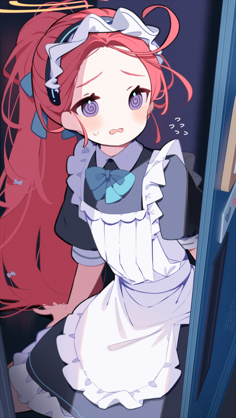 1girl, @_@, apron, aqua_bow, aqua_bowtie, black_dress, blue_archive, bow