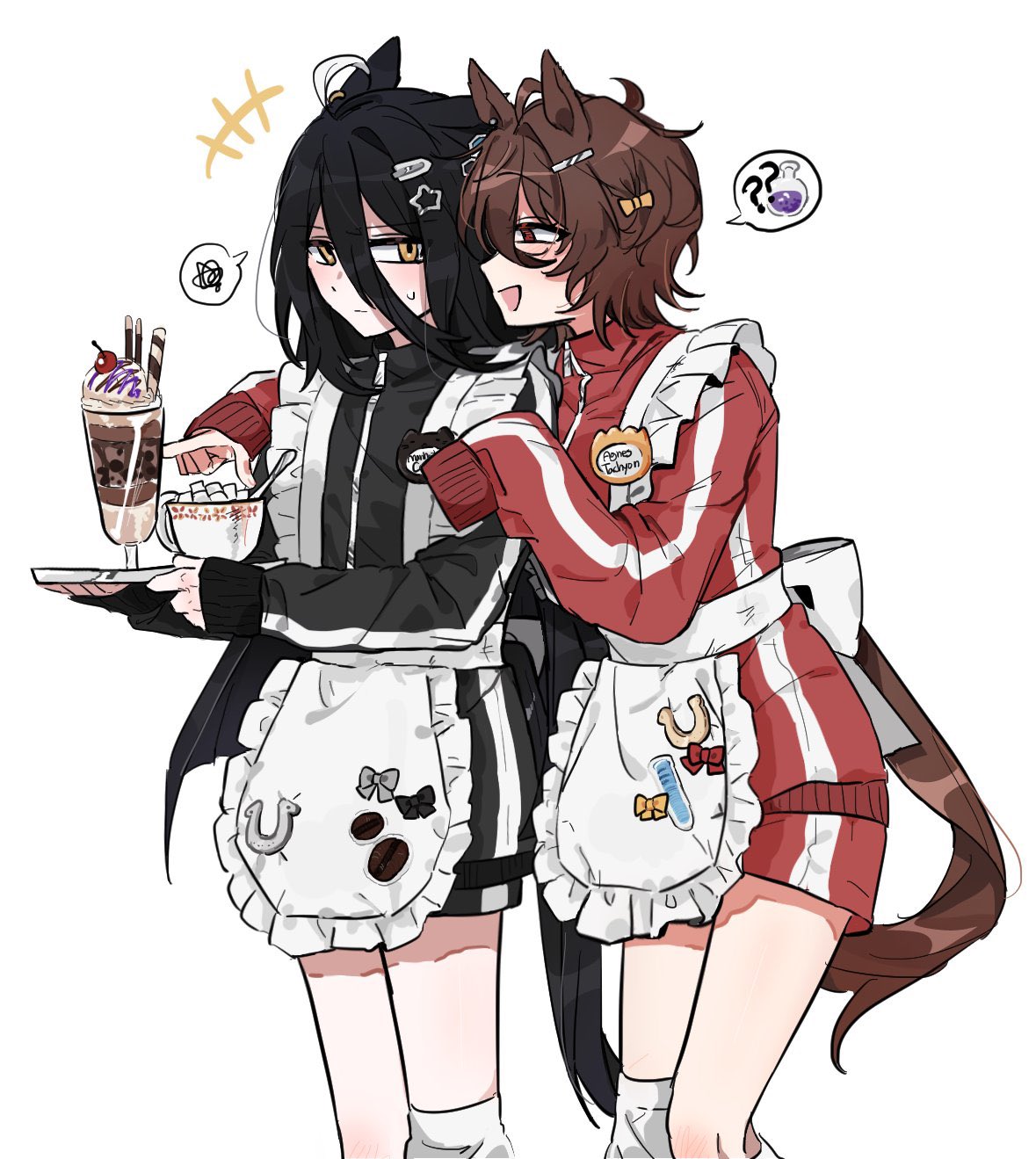 +++, 2girls, agnes_tachyon_(umamusume), ahoge, animal_ears, apron, arm_around_shoulder, black_hair