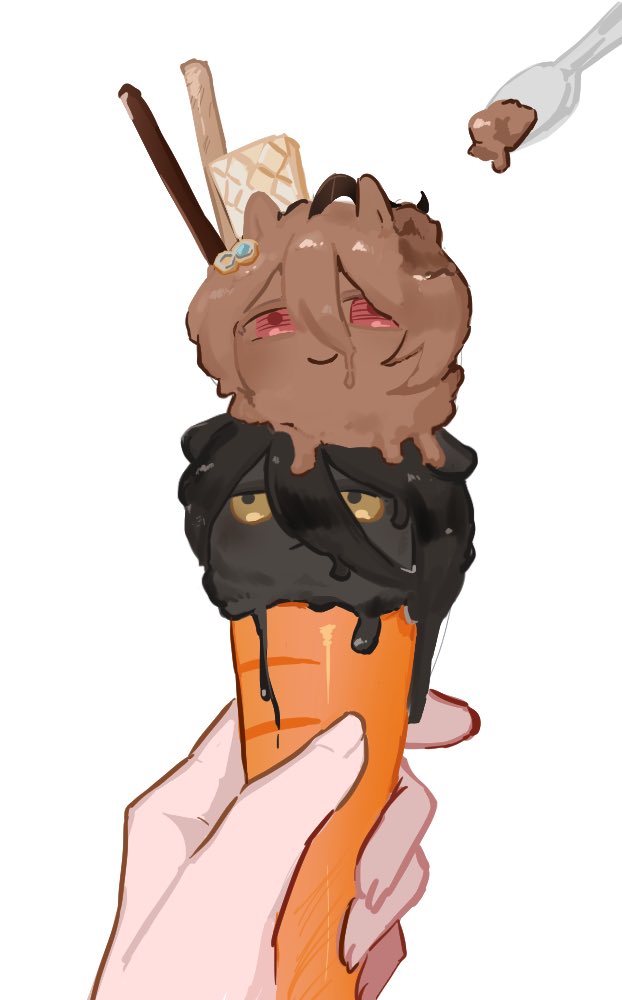 1other, 2girls, agnes_tachyon_(umamusume), ahoge, carrot, food, foodification, frown