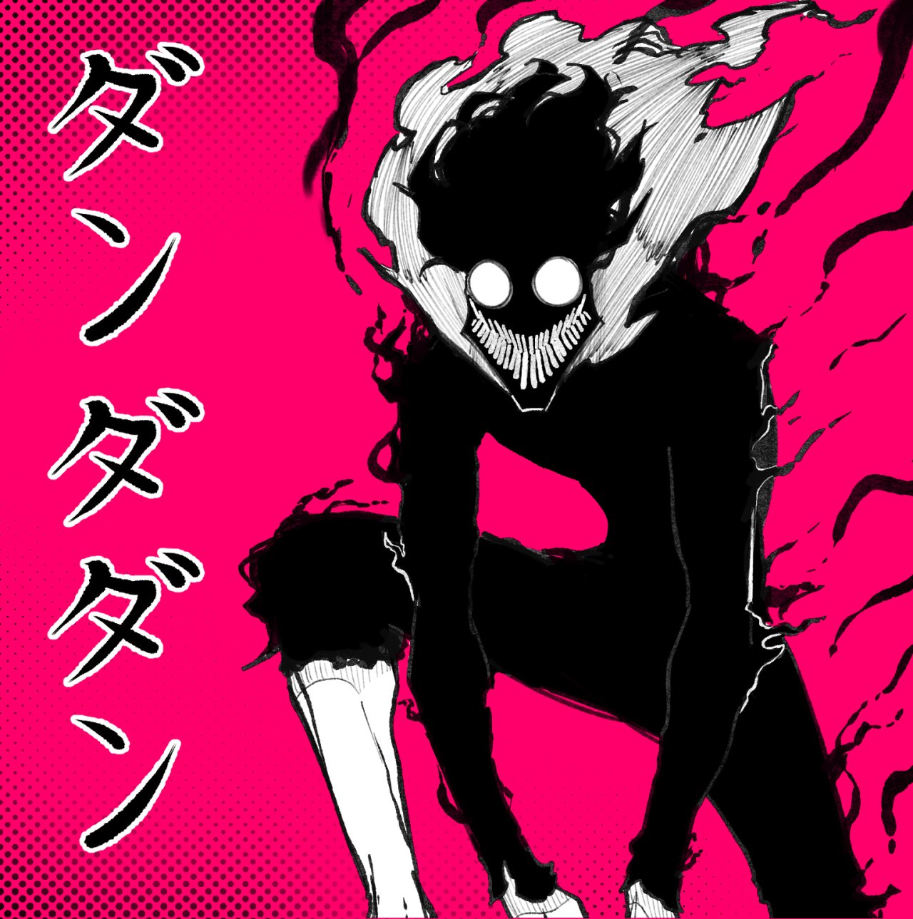 1boy, alternate_form, clenched_teeth, copyright_name, dandadan, feet_out_of_frame, floating_hair, gakuran, glasses, gradient_background, gwaeji, hashtag-only_commentary, highres, long_sleeves, looking_at_viewer, male_focus, mask, mouth_mask, popped_collar, red_background, round_eyewear, school_uniform, solo, takakura_ken_(dandadan), teeth, torn_clothes