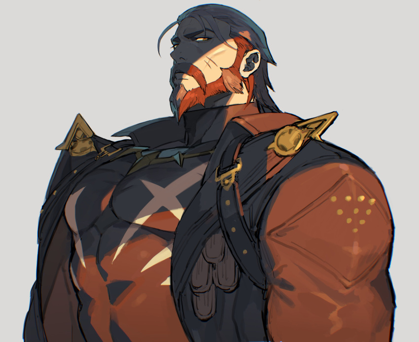 1boy, beard, black_jacket, black_shirt, compression_shirt, covered_abs, covered_pectorals, facial_hair