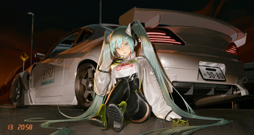 1girl, 39, absurdres, aqua_eyes, aqua_hair, black_bodysuit, black_thighhighs, bodysuit, car, commentary, goodsmile_racing, hatsune_miku, highres, long_hair, looking_at_viewer, motor_vehicle, nissan, nissan_silvia, nissan_silvia_s15, outdoors, parted_lips, racing_miku, racing_miku_(2022), recon_(54995499), shoe_soles, sitting, solo, spoiler_(automobile), sports_car, thigh-highs, twintails, two-sided_gloves, very_long_hair, vocaloid