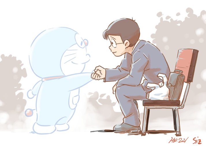 2boys, artist_name, bag, bench, collar, doraemon, doraemon_(character), from_side