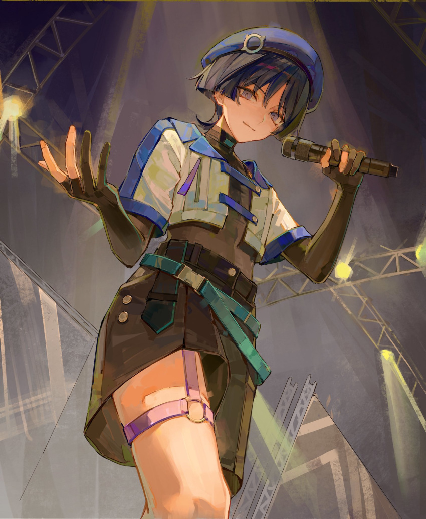 1boy, alternate_costume, aqua_belt, beret, black_bodysuit, black_gloves, black_hair, black_shorts, blue_trim, bodysuit, closed_eyes, cropped_jacket, elbow_gloves, eyeliner, eyeshadow, from_below, genshin_impact, gloves, hat, highres, holding, holding_microphone, idol, jacket, leg_focus, lic_617, looking_at_viewer, looking_down, makeup, male_focus, microphone, o-ring, o-ring_thigh_strap, open_hand, partially_fingerless_gloves, purple_hat, purple_straps, red_eyeliner, red_eyeshadow, scaffolding, scaramouche_(genshin_impact), short_sleeves, shorts, smile, solo, stage_lights, thigh_strap, violet_eyes, wanderer_(genshin_impact), white_jacket, white_sleeves