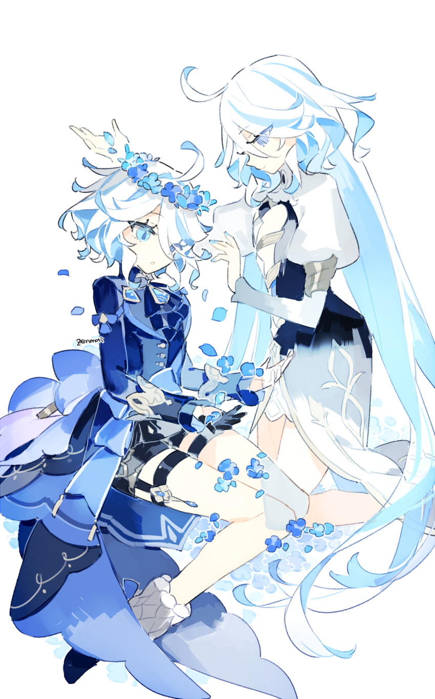 2girls, ascot, black_gloves, black_shorts, blue_ascot, blue_coat, blue_eyes, blue_flower, blue_footwear, blue_hair, brooch, coat, commentary, cowlick, cyenmi3, dress, flower, focalors_(genshin_impact), full_body, furina_(genshin_impact), genshin_impact, gloves, half_gloves, head_wreath, heterochromia, highres, jewelry, light_smile, long_hair, multicolored_hair, multiple_girls, parted_lips, shorts, shota, simple_background, socks, streaked_hair, tailcoat, thigh_strap, twintails, white_background, white_dress, white_hair, white_socks