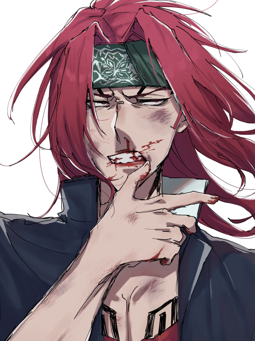 1boy, abarai_renji, black_jacket, bleach, blood, blood_from_mouth, blood_on_face, blood_on_hands