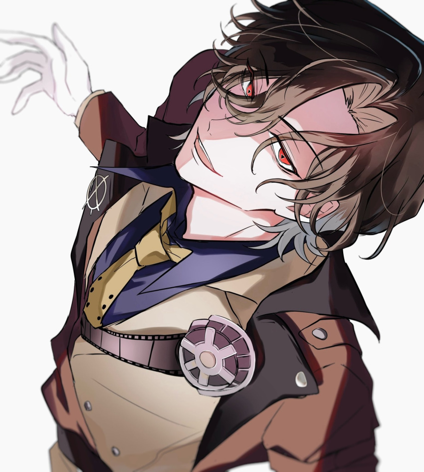1boy, blue_shirt, blurry, blurry_background, brown_hair, brown_jacket, commentary, film_reel