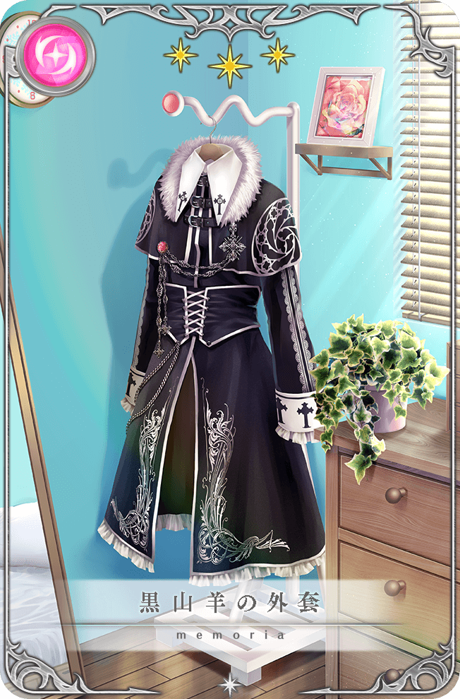 bed, bedroom, black_capelet, black_corset, black_dress, blinders, capelet, card_(medium)
