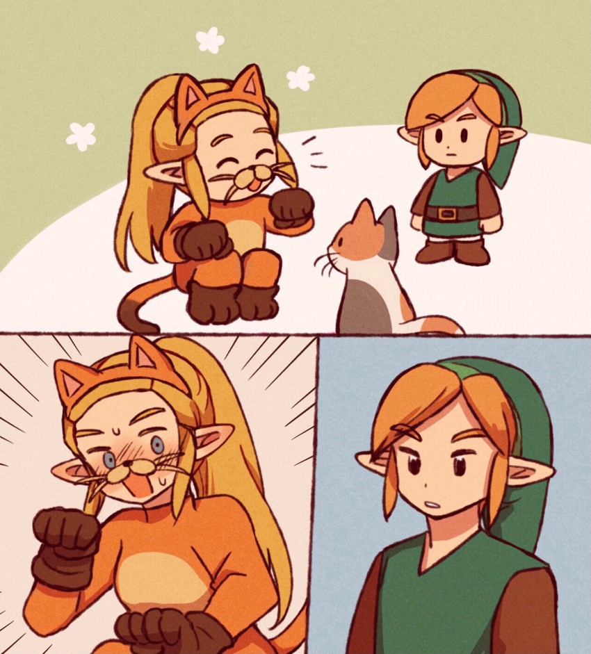 1boy, 1girl, animal_costume, animal_ears, belt, blank_stare, blonde_hair, blush
