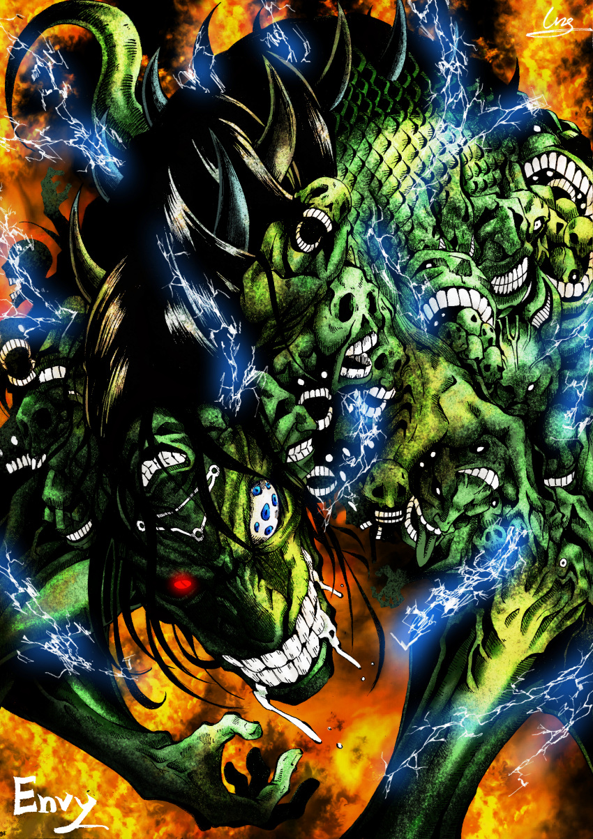 alternate_form, black_sclera, blue_eyes, character_name, clenched_teeth, colored_sclera, colored_skin, colored_tongue